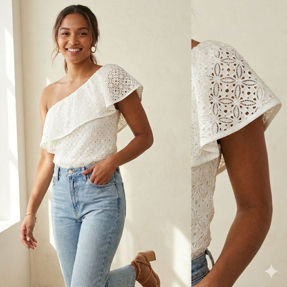 7th Avenue Design‎ Studio One-Shoulder White Lace Top M Ruffle Geometric Eyelets